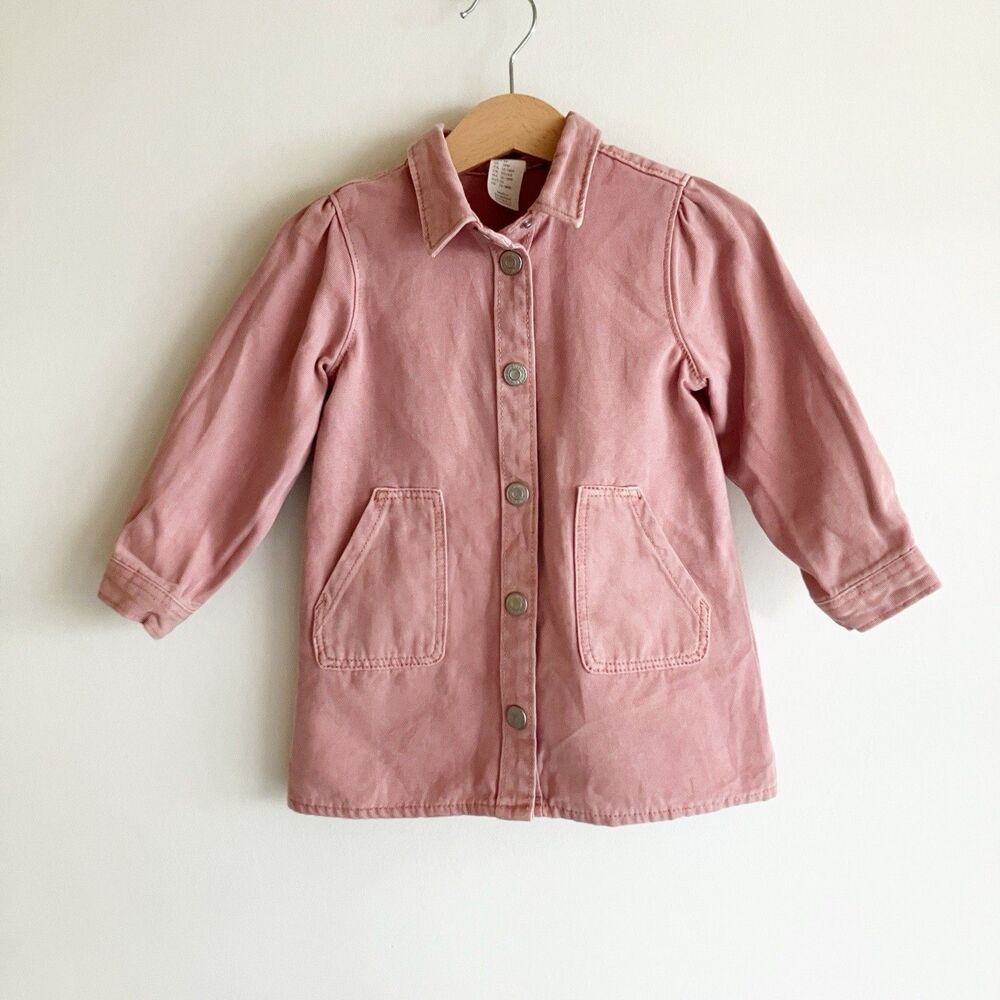 H&M Baby Girls Size 18M Denim Dress Utility Jacket Pockets Pink Collared